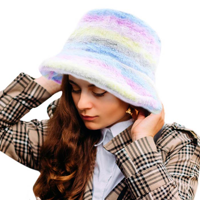 Light Multi Rainbow Faux Fur Bucket Hat, This Rainbow Faux Fur bucket hat is nicely designed and a great addition to your attire. Have fun and look Stylish anywhere outdoors. Great for covering up when you are having a bad hair day. Perfect for protecting you from the wind, snow, beach, pool, camping, or any outdoor activities in cold weather. Amps up your outlook with confidence with this trendy bucket hat. It's the autumnal touch you need to finish your outfit in style. Awesome winter gift accessory!