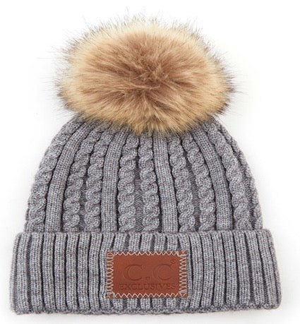Light Grey C.C Double Braided Beanie Faux Fur Pom Pom & Leather Patch Winter Hat; reach for this classic toasty hat to keep you nice n warm in the chilly winter weather, the wintry touch finish to your outfit. Perfect Gift Birthday, Christmas, Holiday, Anniversary, Stocking Stuffer, Secret Santa, Valentine's Day, Loved One, BFF
