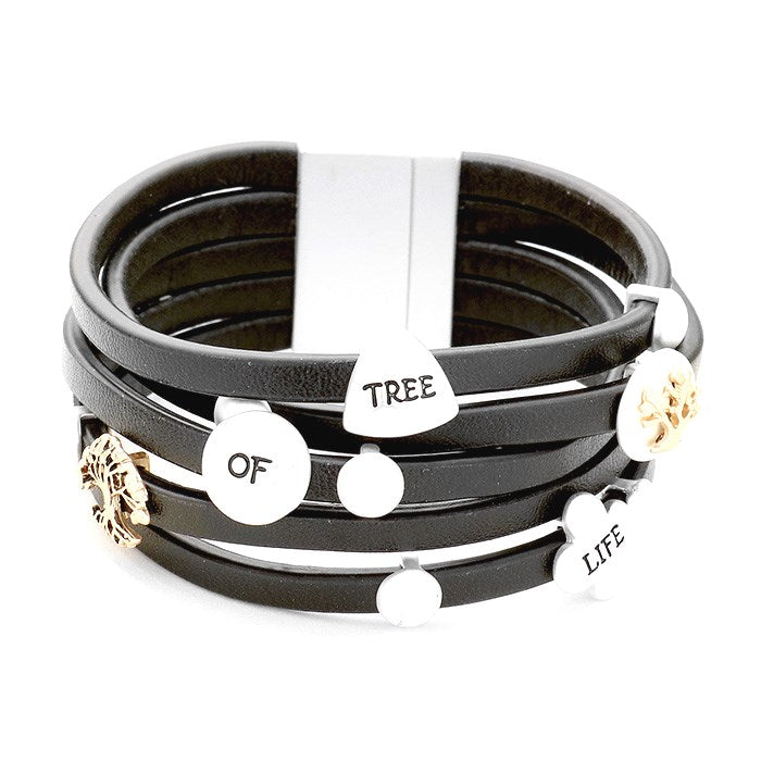 Inspirational Message Multi Strand Bracelet ideal gift for the loved one in your life, "Tree of Life" is a symbol of a fresh start on life, positive energy, good health and a bright future. Multi Strand with Metal Charms Bracelet available in a Black and Brown Charms: Engraved Tree Of Life Charm, Tree Size : 1.5" H, 7.5" L Magnetic Closure