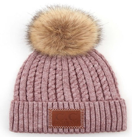 Mauve C.C Double Braided Beanie Faux Fur Pom Pom & Leather Patch Winter Hat; reach for this classic toasty hat to keep you nice n warm in the chilly winter weather, the wintry touch finish to your outfit. Perfect Gift Birthday, Christmas, Holiday, Anniversary, Stocking Stuffer, Secret Santa, Valentine's Day, Loved One, BFF