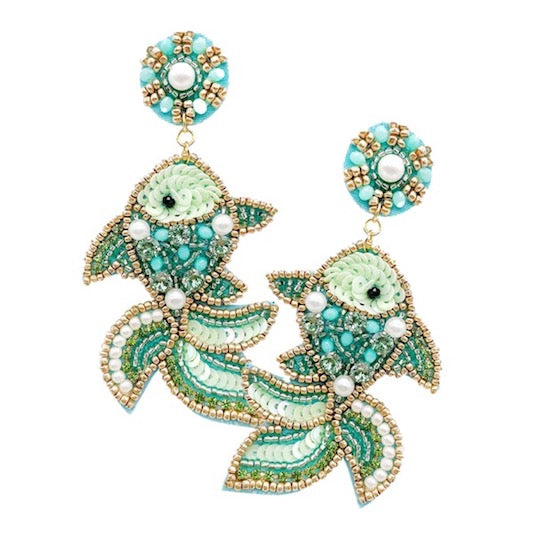 Mint Felt Back Multicolor Beaded Fish Statement Sea Creature Dangle Earrings, jewelry that fits your lifestyle, adding pop of color. Enhance your attire with the vibrant handcrafted beautiful modish statement jewelry! Perfect Birthday Gift, Anniversary, Christmas Present, Vacation Attire, Just Because Gift, Funky Jewelry