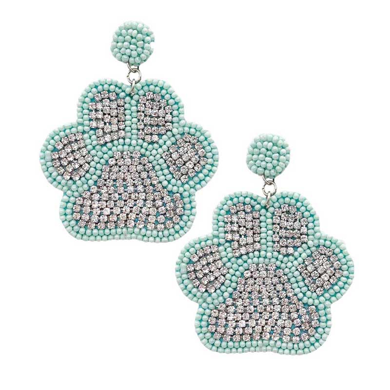 Mint Felt Back Seed Beaded Trimmed Bling Paw Dangle Earrings, Seed Beaded Trimmed Bling Paw Dangle earrings fun handcrafted jewelry that fits your lifestyle, adding a pop of pretty color. Enhance your attire with these vibrant artisanal earrings to show off your fun trendsetting style. Great gift idea for Wife, Mom, or your Loving One.