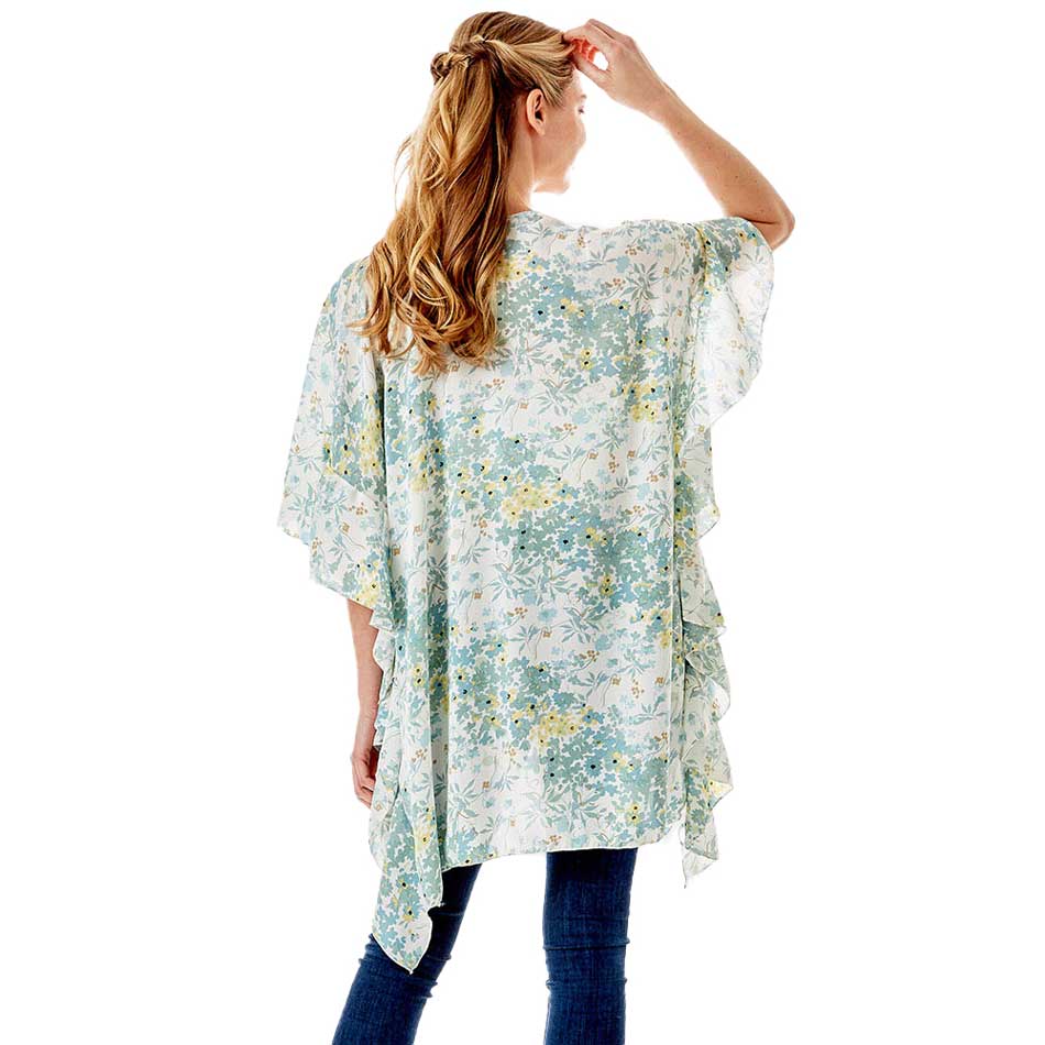 Mint Flower Printed Ruffle Sleeves Cover Up Kimono Poncho, on trend & fabulous, a luxe addition to any cold-weather ensemble. The perfect accessory, luxurious, trendy, super soft chic capelet, keeps you warm and toasty. You can throw it on over so many pieces elevating any casual outfit! Perfect Gift for Wife, Mom, Birthday, Holiday, Anniversary, Fun Night Out.
