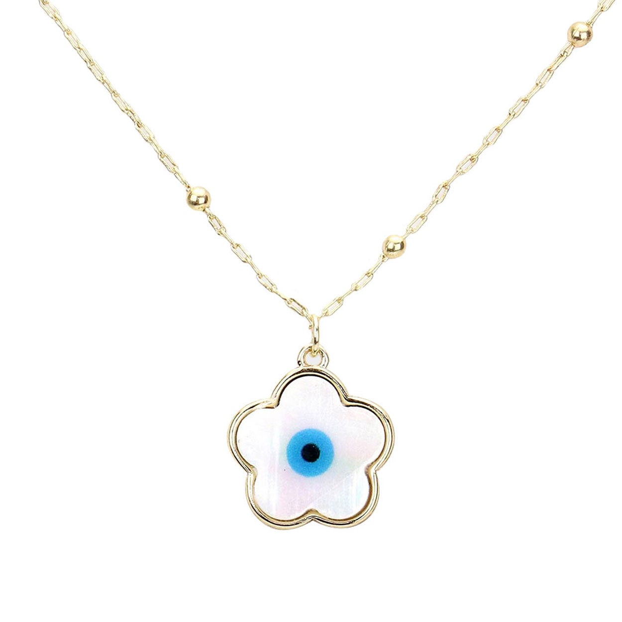 Mother of Pearl Evil Eye Accented Brass Metal Trimmed Abalone Flower Pendant Necklace, Get ready with these Pendant Necklace, put on a pop of color to complete your ensemble. Perfect for adding just the right amount of shimmer & shine . Perfect Birthday Gift, Anniversary Gift, Mother's Day Gift, Graduation Gift.