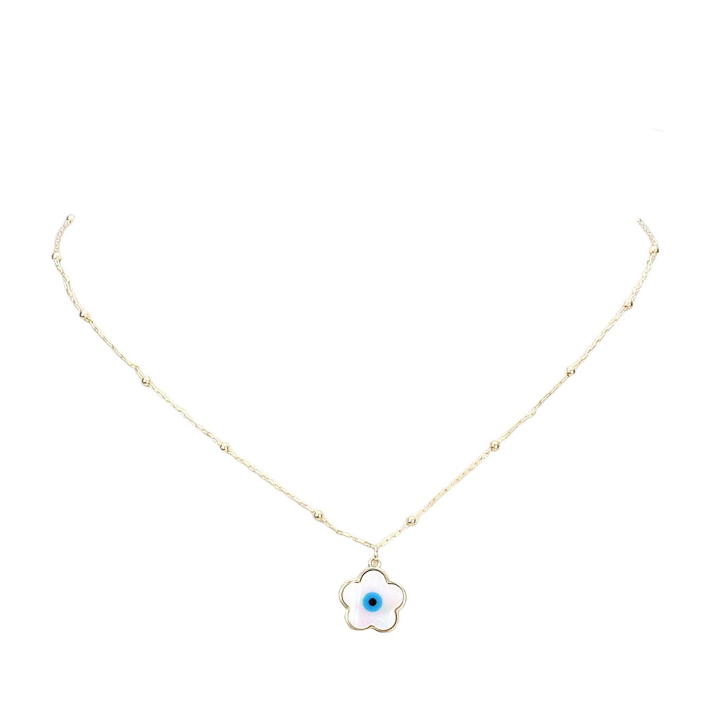 Mother of Pearl Evil Eye Accented Brass Metal Trimmed Abalone Flower Pendant Necklace, Get ready with these Pendant Necklace, put on a pop of color to complete your ensemble. Perfect for adding just the right amount of shimmer & shine . Perfect Birthday Gift, Anniversary Gift, Mother's Day Gift, Graduation Gift.