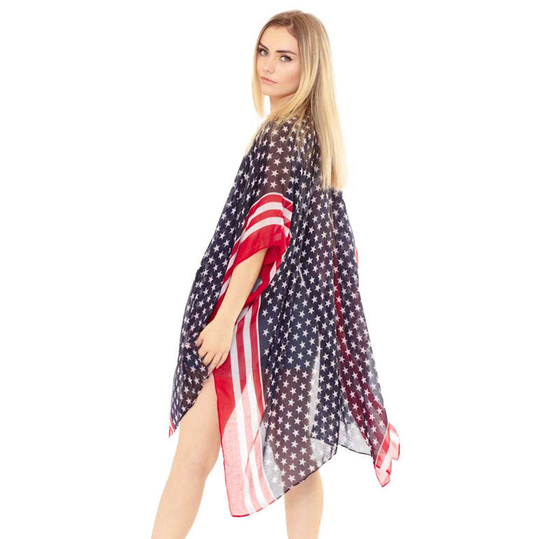 Multi American USA Flag Print Kimono Poncho, simple sophistication makes a standout addition to your collection designed adds a pop of color to any outfit style, Show your love for our country with this sweet patriotic Outfit USA flag style American Flag Print Kimono Poncho. Red, white, and blue are used for a trendy fireworks flare.