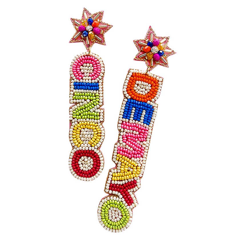 Multi Cinco De Mayo Felt Back Seed Beaded Message Dangle Earrings, embrace the Cinco de mayo spirit with these de mayo Cinco dangle earrings, these adorable dainty gift earrings are bound to cause a smile or two. Perfect for the festive season, embrace the Cinco de mayo spirit with these cute earrings.