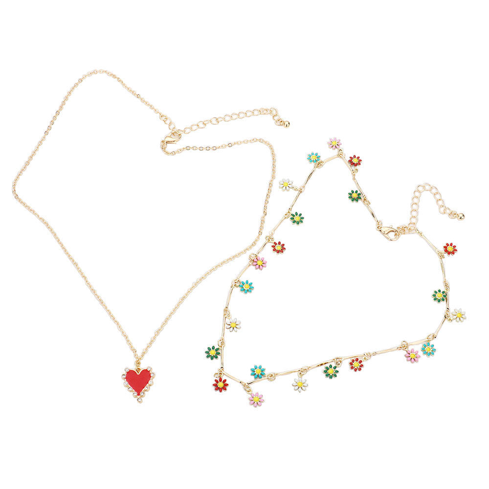 Multi Enamel Flower Station Rhinestone Trim Heart Pendant Necklaces. Beautifully crafted design adds a gorgeous glow to any outfit. Jewelry that fits your lifestyle! Perfect Birthday Gift, Anniversary Gift, Mother's Day Gift, Anniversary Gift, Graduation Gift, Prom Jewelry, Just Because Gift, Thank you Gift.