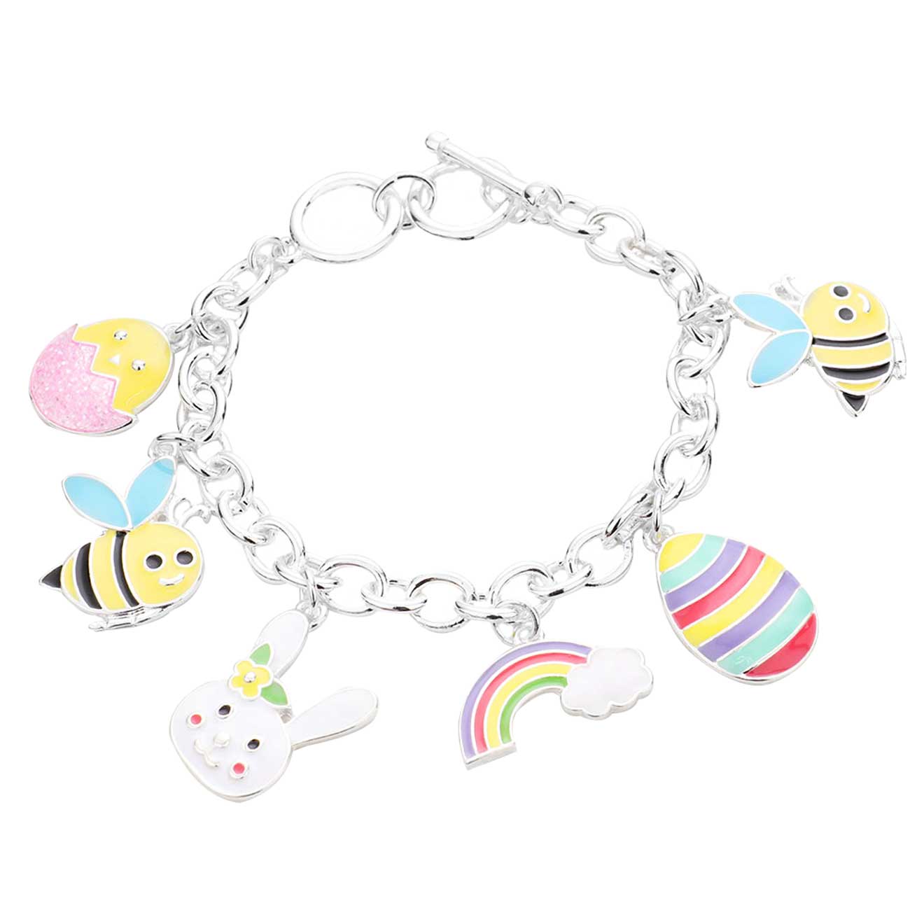 Multi Enamel Honey Bee Rainbow Bunny Easter Egg Charm Toggle Bracelet, beautifully crafted metal Bead charm bracelet that will complement your Easter Sunday ensemble. Bracelet goes perfect with a t-shirt, summer dress or work clothes. Surprise your loved ones with a great present idea for Wife, Mom, or your Loving One.