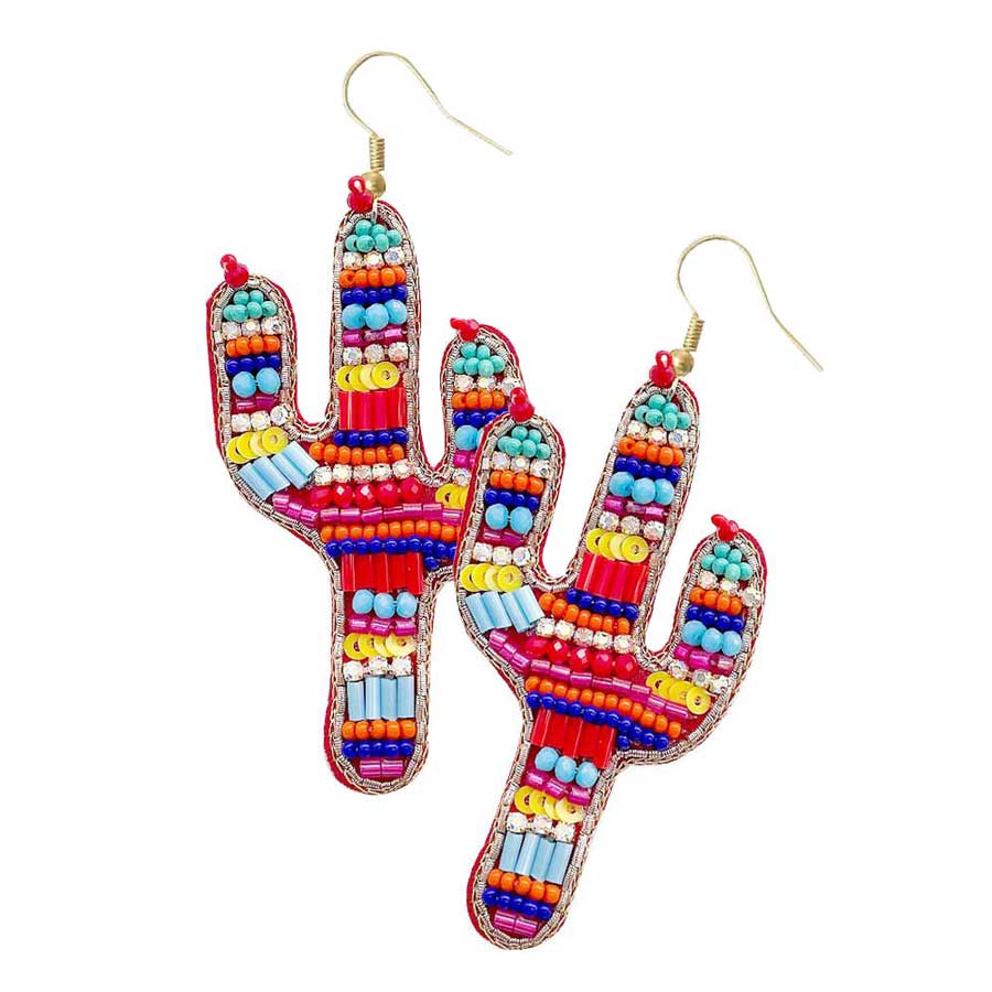 Multi Felt Back Multi Beaded Cactus Dangle Earrings. Take your love for statement accessorizing to a new level of affection with these Multi beaded cactus earrings! Highlight your appearance, grasp everyone's eye in your party. Perfect gift on Christmas, Valentine's Day, Anniversaries as well as birthday for your beloved ones.