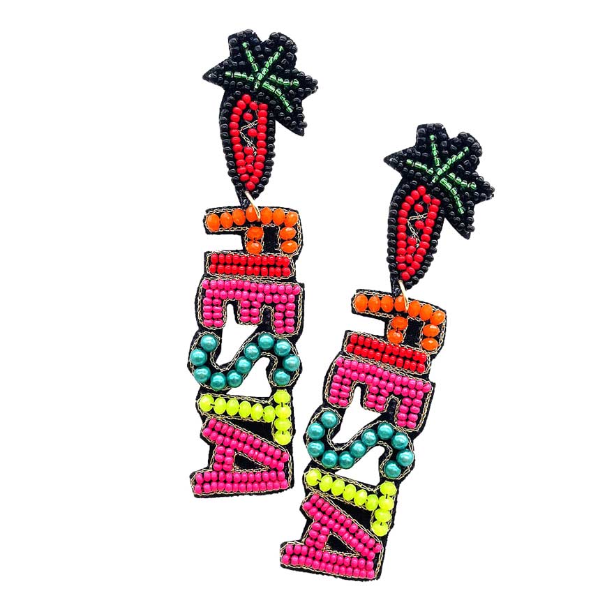 Multi Felt Back Seed Beaded Chili Pepper Fiesta Message Earrings, these eye-catching earrings put people into a fiesta state of mind. These Earrings will get attention and are sure to make people smile and think of celebrating. These are perfect gift Cinco de Mayo gatherings and any special occasion.