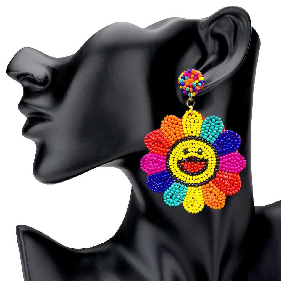 Multi Felt Back Seed Beaded Smile Flower Dangle Earrings, Beaded Flower Smiley Face Earrings fun handcrafted jewelry that fits your lifestyle, adding a pop of pretty color. Enhance your attire with these vibrant artisanal earrings to show off your fun trendsetting style. Coordinate these earrings with any ensemble from business casual to everyday wear, ideal for parties, events, holidays.