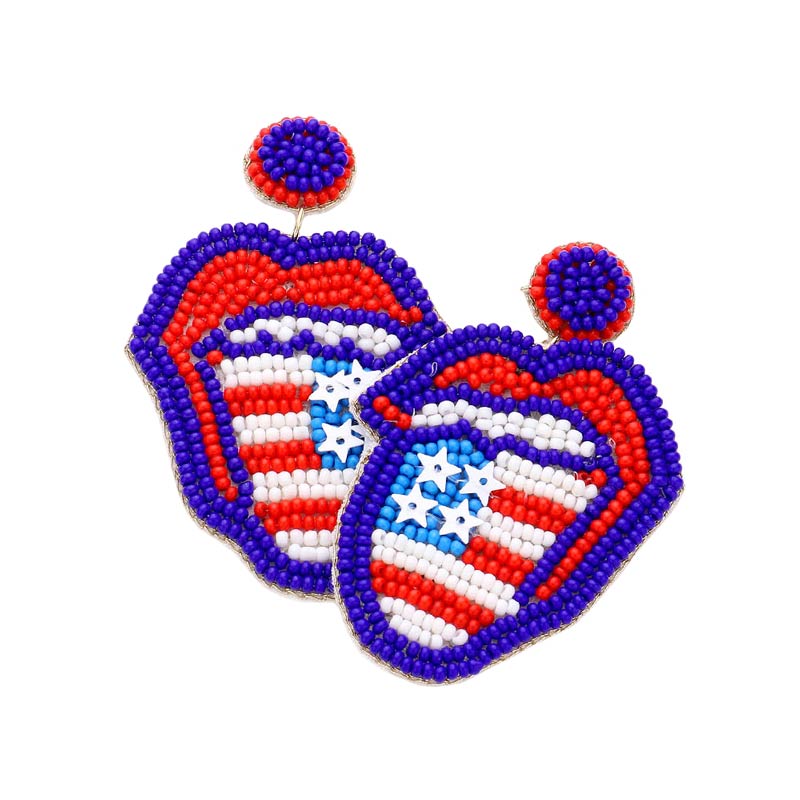 Multi Felt Back Seed Beaded USA Flag Tongue Out Mouth Earrings, Look like the ultimate fashionista with these earrings! Show your love for Your country with these sweet American flag earrings. Great for Election Day, Flag Day, 4th of July, Memorial Day, and Labor Day. Perfect gift for any national holiday and occasion.