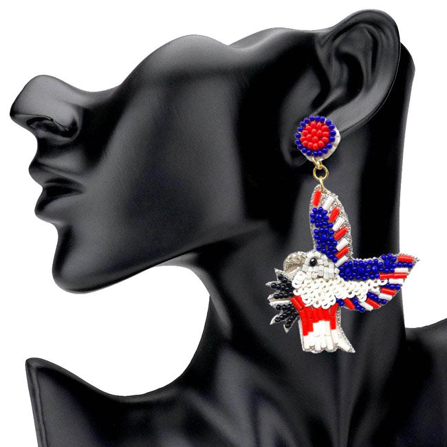 Multi Felt Back Sequin Beaded Eagle Link Dangle Earrings. USA Flag Dangle Earrings; Show your love for our country with this sweet patriotic star Eagle link American Flag Earrings. Featuring red, white and blue stars and seed beads for a bit of fashionable fireworks flair. Perfect Birthday Gift, Anniversary Gift, Mother's Day Gift, Thank you Gift.