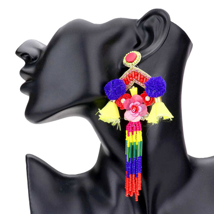 Multi Flower Pom Pom Beaded Tassel Earrings, its Beautifully crafted design adds a gorgeous glow to your any occasion outfit. Pom Pom Tassel rock every party you attend to. These stunning dangle earrings will turn peoples heads. Surprise your loved ones this, great gift idea. Tassel Dangle Earrings gift earrings are bound to cause a smile or two.