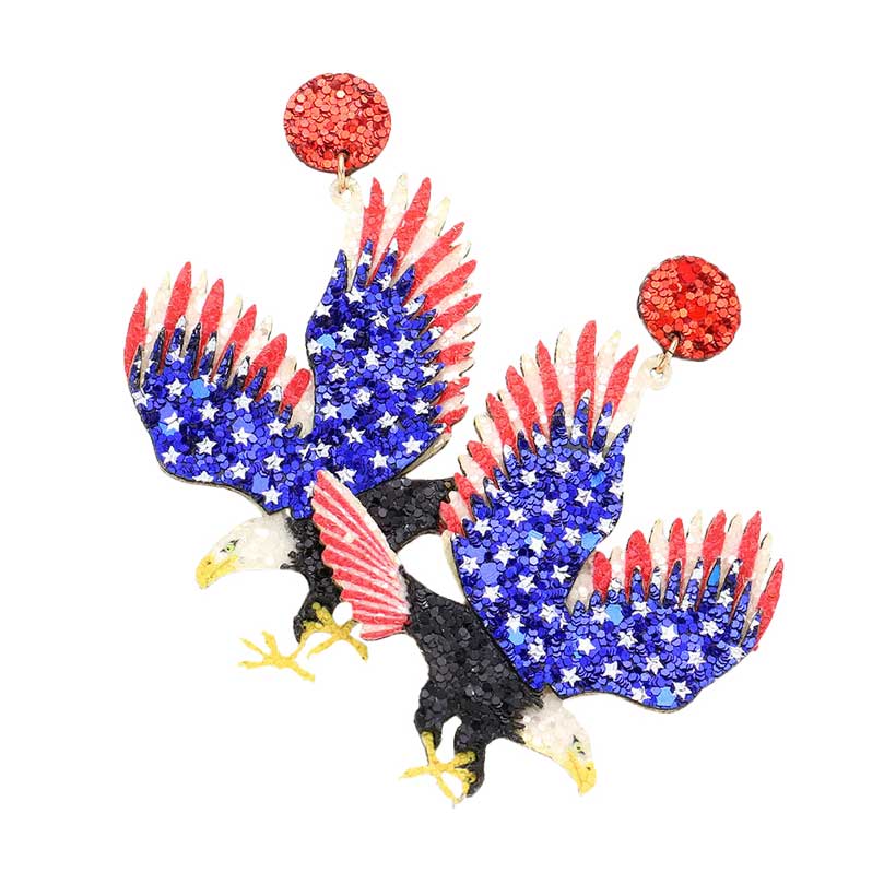 Multi Glittered American USA Flag Eagle Dangle Earrings, are fun handcrafted jewelry that fits your lifestyle, adding a pop of pretty color. Show your love for your country with these sweet patriotic USA flag eagle dangle earrings.