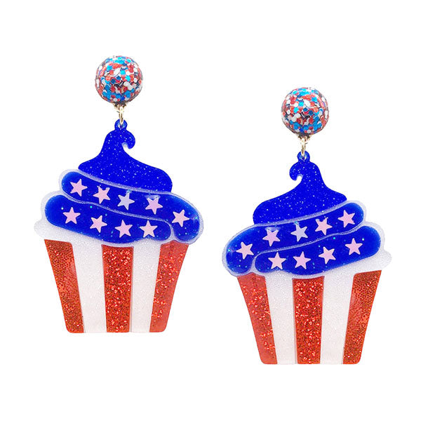 Multi Glittered Resin American USA Flag Cupcake Dangle Earrings. Show your love for our country with this sweet patriotic USA flag style American Flag Cupcake dangle Earrings. Featuring red, white and blue stars and seed beads for a bit of fashionable fireworks flair. Enhance your attire with these vibrant artisanal earrings to show off your fun trendsetting style. Great gift idea for your Loving One.