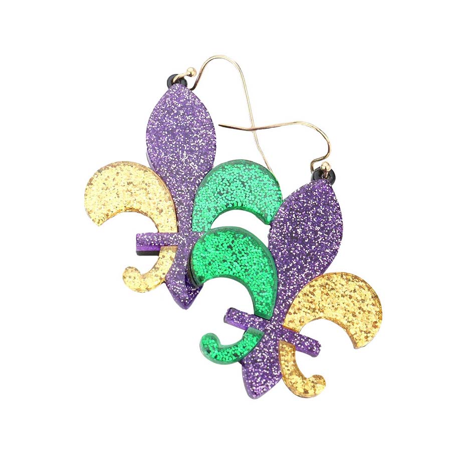 Multi Glittered Resin Fleur de Lis Mardi Gras Dangle Earrings, are beautifully designed with the Mardi Gras glittered to dangle on your earlobes with a perfect glow. Wear these beautiful Mardi Gras-themed earrings to get immediate compliments. Highlight your appearance and grasp everyone's eye at any place. Enhance your attire with these beautiful artisanal earrings to show off your fun trendsetting style on Mardi Gras.