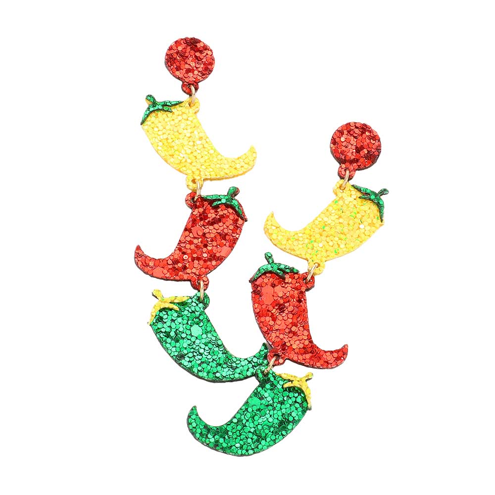 Multi Glittered Triple Chili Pepper Link Dangle Earrings, turn your ears into a chic fashion statement with these glittered triple dangle earrings! The beautifully crafted design adds a gorgeous glow to any outfit at Cinco de Mayo. Put on a pop of color to complete your ensemble in perfect style.
