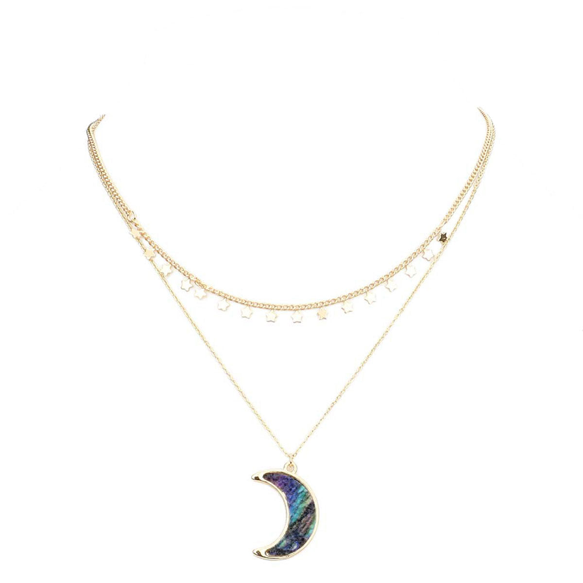 Multi Metal Star Station Druzy Crescent Moon Pendant Double Layered Necklace. Beautifully crafted design adds a gorgeous glow to any outfit. Jewelry that fits your lifestyle! Perfect Birthday Gift, Anniversary Gift, Mother's Day Gift, Anniversary Gift, Graduation Gift, Prom Jewelry, Just Because Gift, Thank you Gift.