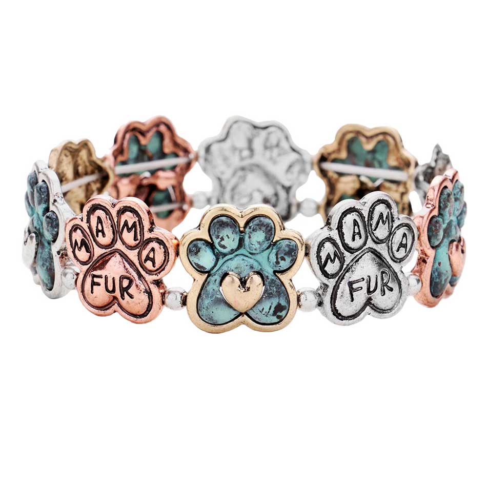 Multi Patina Verdigris Fur Mama Animal Paw Metal Stretch Bracelet, Get ready with these Stretch Bracelet, put on a pop of color to complete your ensemble. The Fur Mama Metal Stretch Bracelet will makes you feel elegant and stylish. Perfect gift for National Dog Day, Birthday, Anniversary, Christmas, Just Because, Dog Mom as well as for the women in your lives who love dogs.