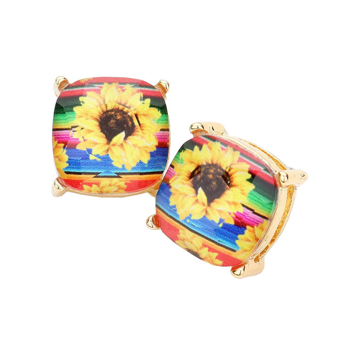 Multi Serape Sunflower Printed Square Stud Earrings, classic Sunflower printed earrings, the neutral colors will pair well with all your wardrobe. Fun & trendy, these stud earrings will accent your look. Lightweight and comfortable for wearing all day long. Perfect Birthday Gift, Valentine's Day Gift, Anniversary Gift, Mother's Day Gift, Thank you Gift.