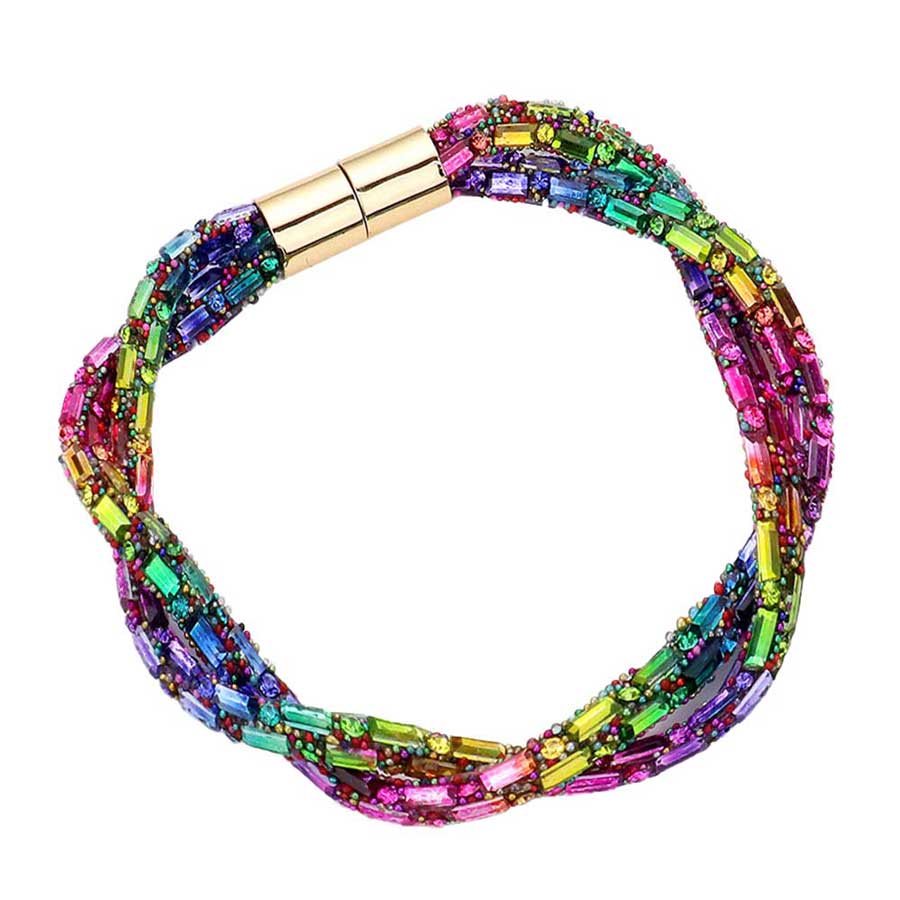 Multi Stone Embellished Twisted Magnetic Bracelet, Glam up your look with this Magnetic bracelet. Make your vibe extra sparkly with this eye-catching arm candy. The magnet clasp keeps the bracelet secure on your wrist and makes it easy to wear and take off. This wide Twisted- style bracelet works well as a statement jewelry piece. Awesome gift for birthday, Anniversary, Valentine’s Day or any special occasion.