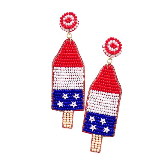Multi Felt Back Seed Beaded American USA Flag Popsicle Dangle Earrings; Show your love for the USA, American flag pattern for a bit of fashionable fireworks flair. Popsicle Bead American USA Flag Earrings, great for Independence Day, 4th of July, Memorial Day, Flag Day, Labor Day, Election Day, Veterans Day, President Day