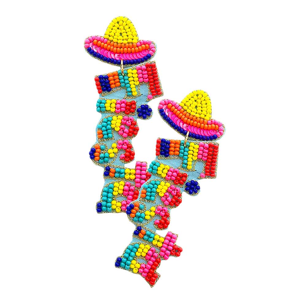 Multi Yellow Fiesta Felt Back Seed Beaded Hat Message Dangle Earrings, Seed Beaded Dangle earrings fun handcrafted jewelry that fits your lifestyle, adding a pop of pretty color. Enhance your attire with these vibrant artisanal earrings to show off your fun trendsetting style. Great gift idea for Wife, Mom, or your Loving One.