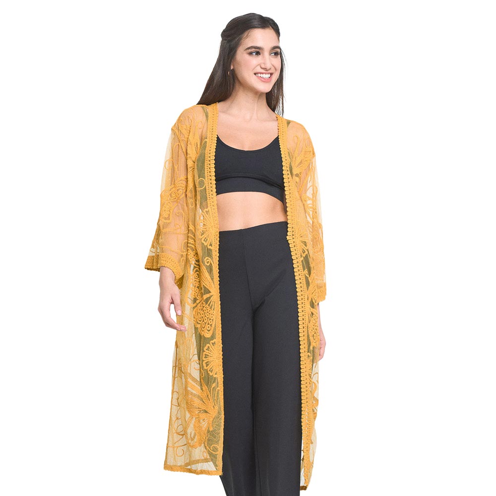Mustard Butterfly Lace Cover Up Kimono Poncho, your neck deserves something better than cheap fabrics. This lightweight kimono poncho features a butterfly lace design. It's a design that gives any outfit a unique look. Can even be used as a beach bathing suit wrap. you will receive a lot of compliments on it. Excellent quality and perfect size you will absolutely love this cover-up kimono.