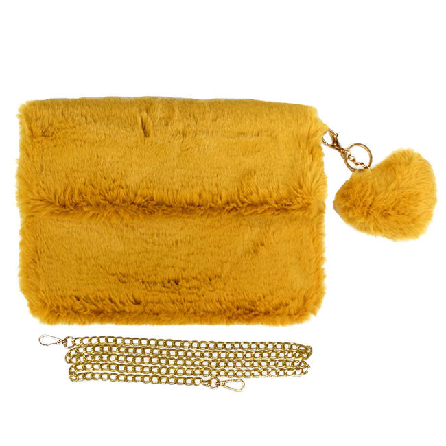 Mustard Detachable Heart Pom Pom Keychain Faux Fur Crossbody Bag the must have statement look, adds a chic, trendy touch to your ensemble. Add a pop of color with this versatile bag, detachable gold chain shoulder strap so you can switch up the style to suit your outfit, great for a night out. Soiree-ready perfect for wedding, prom, night out, sweet 16, Quinceañera. perfect birthday gift, anniversary gift, valentine's day gift, etc.