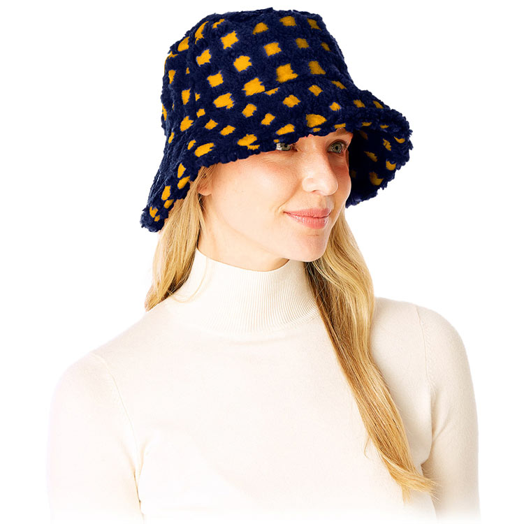 Navy Check Patterned Faux Fur Bucket Hat, show your trendy side with this Faux Fur Bucket Hat. Adds a great accent to your wardrobe. This elegant, timeless & classic Bucket Hat looks fashionable. Perfect for a bad hair day, or simply casual everyday wear. Accessorize the fun way with this bucket hat. It's the autumnal touch you need to finish your outfit in style. Awesome winter gift accessory for that fashionable on-trend friend.