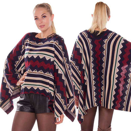 Navy Geometric Stripe Lace Up Detail Poncho. Wear this lightweight poncho on the beautiful beach to feel the fresh breath of the sun and sea breeze in your leisure time, or you go to the swimming pool, you also can wear it. The soft textured fabric floral poncho make you feel lightweight and comfortable to wear all day long. Great for dating, hanging out, vacation, holiday, outwear. Perfect Gift for Wife, Birthday, Holiday, Anniversary, Fun Night Out.