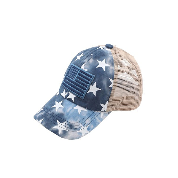 Navy Kids Tie Dye Star Flag Ponycap, comfy kids' cap great for a bad hair day, pull your bun or ponytail thru the back opening, great for keeping your hair away from face while exercising, running, playing sports or just taking a walk. Perfect Birthday Gift, Mother's Day Gift, Anniversary Gift, Thank you Gift, Graduation