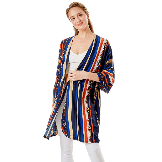 Navy Multi Color Stripe Cover Up Kimono Poncho, The lightweight Kimono poncho top is made of soft and breathable Polyester material. short sleeve swimsuit cover up with open front design, simple basic style, easy to put on and down. Perfect Gift for Wife, Mom, Birthday, Holiday, Anniversary, Fun Night Out.