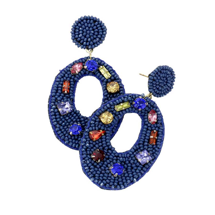 Navy Multi Stone Embellished Seed Beaded Cut Out Dangle Earrings, This simple sophistication multi Stone embellished Beaded cut out design makes a standout addition to your collection, adds a pop of color to any outfit style, Jewelry that fits your lifestyle! This fun handcrafted earring is the great gift idea for Birthday, Anniversary, Mother's Day, Just Because gift or any special Occasion.