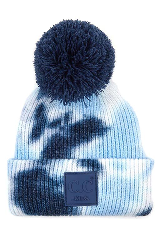 Navy Pale Blue C C Tie Dye Kids Beanie With C C Rubber Patch And Yarn Pom, beautiful tie dye design with yarn pom makes it unique and keeps you standing out with perfect beauty. Wear throughout the winter and cold days to ensure absolute comfortability. Coordinate with any outfit to match the best with perfect warmth and coziness. It Comes in one size winter cap with a pom that fits most head sizes. Enjoy the winter in comfort!
