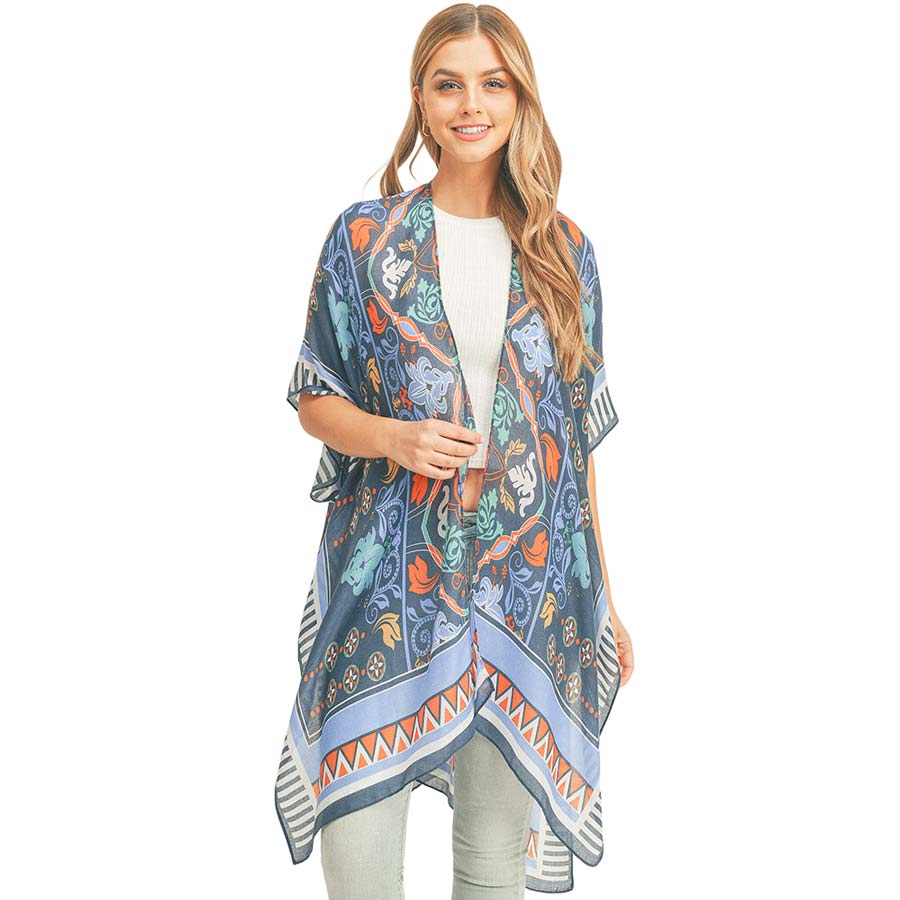 Navy Patterned Cover Up Kimono Poncho, this timeless patterned cover up kimono Poncho is soft, lightweight, and breathable fabric, close to the skin, and comfortable to wear. Sophisticated, flattering, and cozy. look perfectly breezy and laid-back as you head to the beach. A fashionable eye-catcher will quickly become one of your favorite accessories.