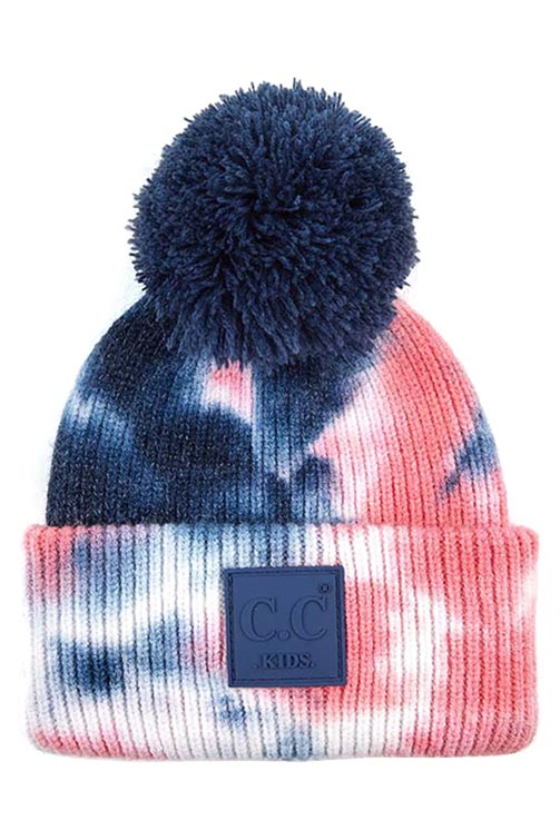 Navy Pink C C Tie Dye Kids Beanie With C C Rubber Patch And Yarn Pom, beautiful tie dye design with yarn pom makes it unique and keeps you standing out with perfect beauty. Wear throughout the winter and cold days to ensure absolute comfortability. Coordinate with any outfit to match the best with perfect warmth and coziness. It Comes in one size winter cap with a pom that fits most head sizes. Enjoy the winter in comfort!