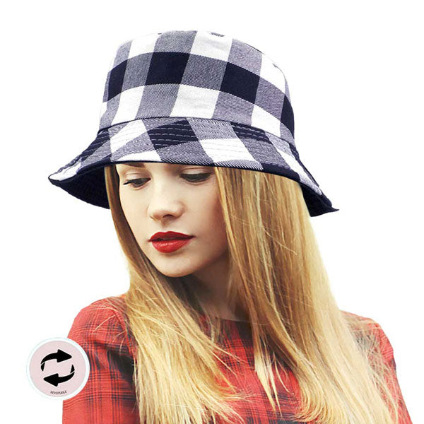Navy Reversible Buffalo Check Patterned Bucket Hat. These beach hat design is more fashionable and individual than other bucket hats, Wide brim helps to cover your face, neck and your ears and is great for protecting you from the scorching sun. suitable for daily outings, beaches, vacations, travel, going out, hiking, camping, boating and other outdoor activities.