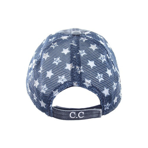 Navy C.C USA Distressed Baseball Cap American Star Sun Cap; Show your patriotic side, distressed navy baseball cap with USA lettering on the front in a stars and striped pattern, with star mesh on the back. Perfect to keep sun out of eyes, and to pull hair back during exercise like walking, running, biking, hiking, and more