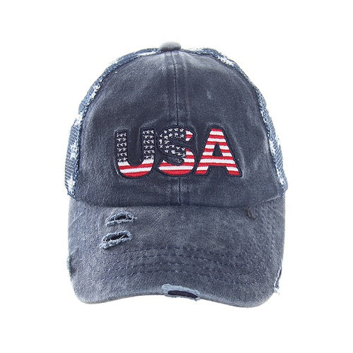 Navy C.C USA Distressed Baseball Cap American Star Sun Cap; Show your patriotic side, distressed navy baseball cap with USA lettering on the front in a stars and striped pattern, with star mesh on the back. Perfect to keep sun out of eyes, and to pull hair back during exercise like walking, running, biking, hiking, and more
