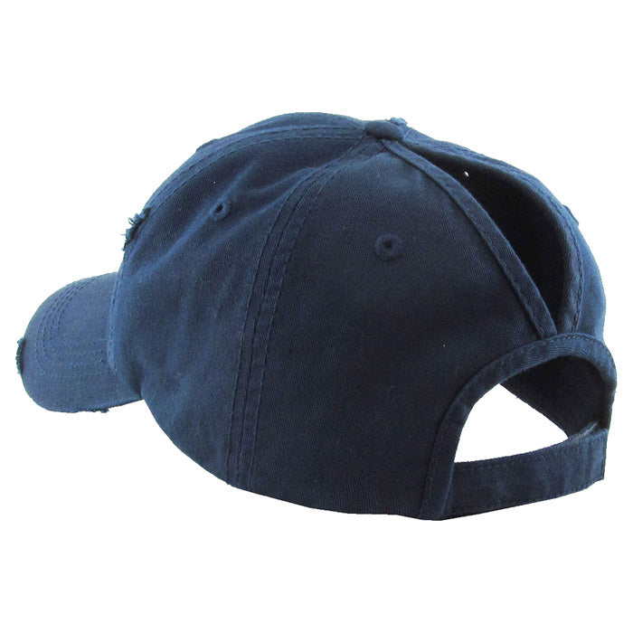 Navy Distressed Baseball Cap, Navy Vintage Ponytail Baseball Cap, comfy vintage cap great for a bad hair day, pull your bun or ponytail thru the back opening, great for keeping your hair away from face while exercising, running, playing sports or just taking a walk. Perfect Birthday Gift, Mother's Day Gift, Anniversary Gift, Thank you Gift, Graduation