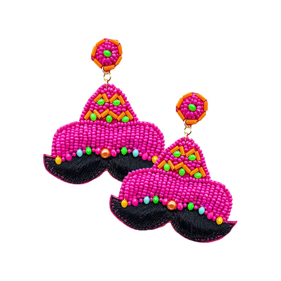 Neon Pink Felt Back Seed Beaded Hat Mustache Dangle Earrings, enhance your attire with these beautiful beaded hat mustache dangle earrings to show off your fun trendsetting style at Cinco De Mayo. Get a pair as a gift to express your love for your mom, daughter, or sister just for you on Cinco De Mayo, Anniversary, Holiday, etc.