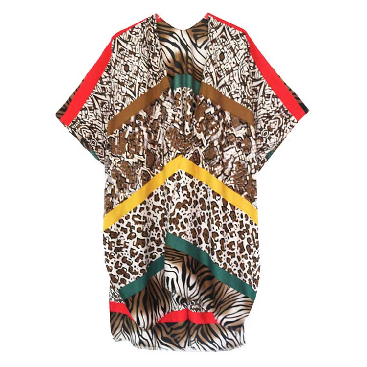 Olive Green Multi Animal Printed Cover Up Kimono Poncho, The lightweight Kimono poncho top is made of soft and breathable Acrylic material. short sleeve swimsuit cover up with open front design, simple basic style, easy to put on and down. Perfect Gift for Wife, Mom, Birthday, Holiday, Anniversary, Fun Night Out.