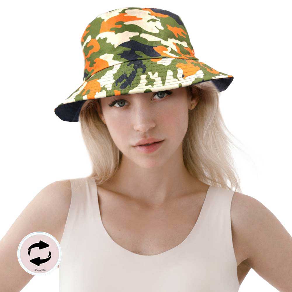 Orange Camouflage Patterned Reversible Bucket Hat, Protect your head from the sun in style with our reversible bucket hat made of breathable material! Camouflage Military Hats for Women Show off your personality and style with the urban style head hat go for recreation or outdoor activities. Match for daily casual clothing such as ,shirt, jeans, sunglasses and so on. Perfect summer, beach accessory.