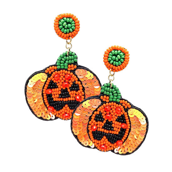 Orange Felt Back Sequin Seed Beaded Pumpkin Dangle Earrings. Show your spirit with these seed Beaded Pumpkin link Halloween Earrings! Carry the spirit of Halloween with you wherever you go.The colors are vibrant and the design is a seasonal delight. This Fruits earrings can be worn for Halloween parties, cosplay, costume party, display, birthday, events, festivals, and so on, also nice for festive decorations gifts for your friend's and families.