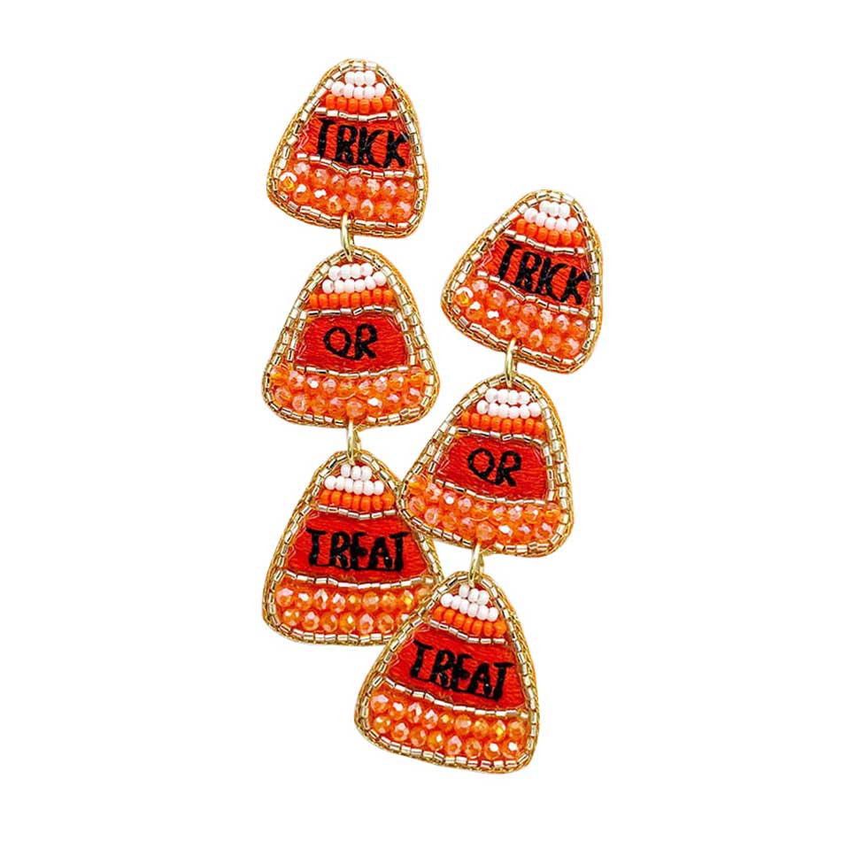 Orange Felt Back Trick Or Treat Candy Teeth Beaded Dangle Earrings. Share the spirit of Halloween with these Trick Or Treat Candy message Earrings . These earrings are just the thing you need to complete your Halloween costume! Let the spooky season begin! Happy Halloween! Perfect for Valentine’s Day, bachelorette party, Beach Party, Vacation Earrings, Party Earrings, Party Favors to glam up your party outfit.