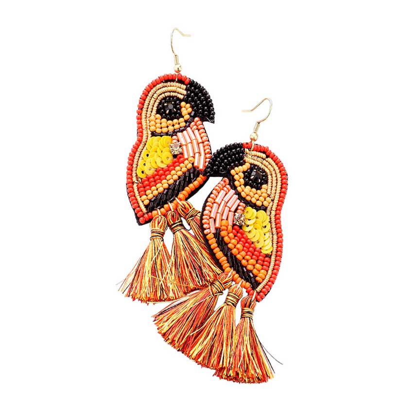 Orange Multi Bead Sequin Parrot Tassel Earrings, Seed Beaded Parrot Tassel earrings fun handcrafted jewelry that fits your lifestyle, adding a pop of pretty color. Enhance your attire with these vibrant artisanal earrings to show off your fun trendsetting style. Lightweight and comfortable for wearing all day long. Goes with any of your casual outfits and Adds something extra special. Great gift idea for your Loving One.