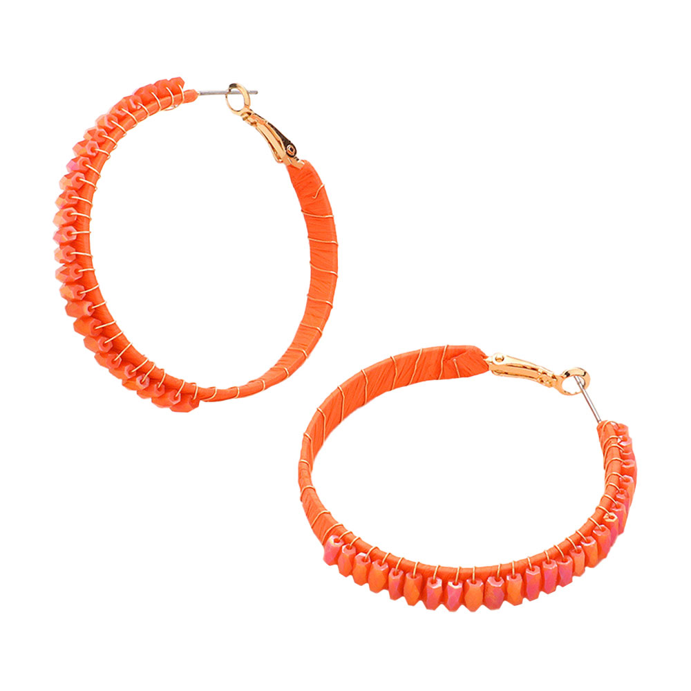 Orange Rectangle Bead Trimmed Raffia Wrapped Hoop Earrings, enhance your attire with these beautiful raffia-wrapped hoop earrings to show off your fun trendsetting style. It can be worn with any daily wear such as shirts, dresses, T-shirts, etc. These hoop earrings will garner compliments all day long. Whether day or night, on vacation, or on a date, whether you're wearing a dress or a coat, these earrings will make you look more glamorous and beautiful.